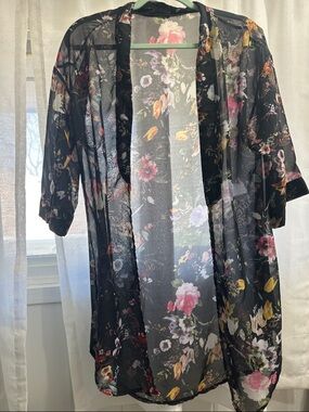 Sheer Black Floral Kimono Robe - Elegant Floral Cover-Up